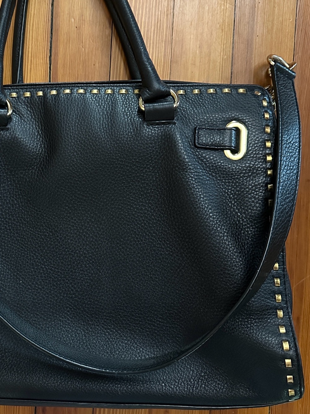 Michael Kors Black Leather Studded Tote Shoulder Bag Gold Hardware - Picture 11 of 12